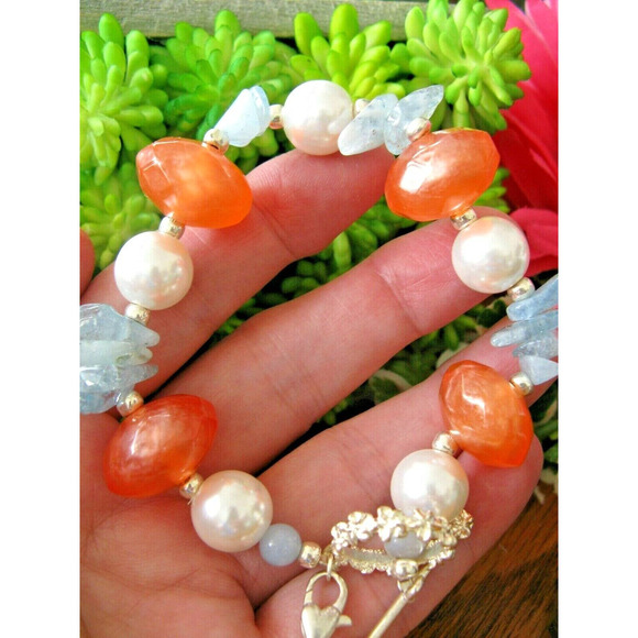 New Natural Blue Quartz Crystal & Pearl Bracelet w/ Sterling Silver Pearl Accent - Picture 3 of 7